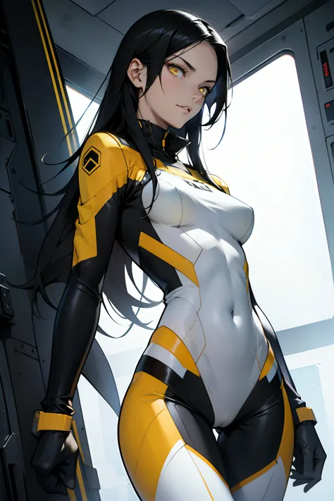 1 girl, black hair, yellow eyes, very long hair, pale skin, fit body, slender body, slim waist, large breasts, (confident expression), pilot suit, thigh gap, bare thighs, show bare legs