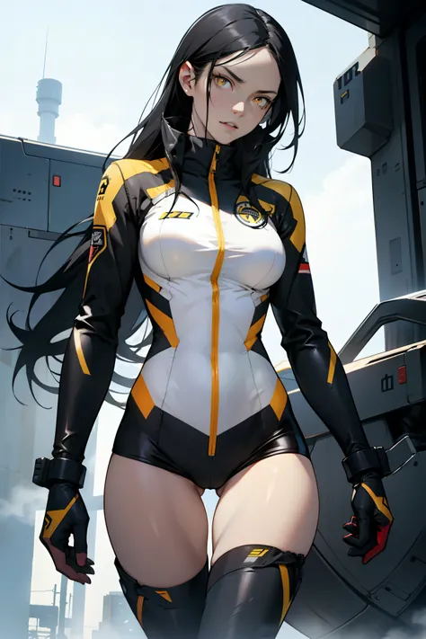 1 girl, black hair, yellow eyes, very long hair, pale skin, fit body, slender body, slim waist, large breasts, (confident expression), pilot suit, thigh gap, bare thighs, show bare legs