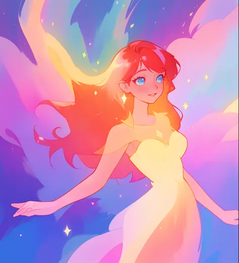 beautiful girl in colorful ballgown, long flowing red hair with golden highlights, vibrant pastel colors, (colorful), colorful watercolor background, ethereal, magical lights, sparkling liquid light, inspired by Glen Keane, inspired by Lois van Baarle, dis...