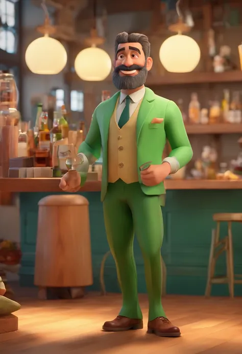 Estilo Pixar: homem forte branco de olhos verdes careca 40 anos com barba curta no queixo , estilo barman