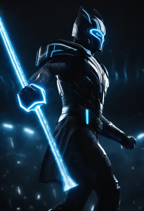 Tron Combined with Thor, tron legacy, battle pose, crystal clear image, intricate details, close up, battle scars, black and Blue themed, simulation world, glowing War Hammer