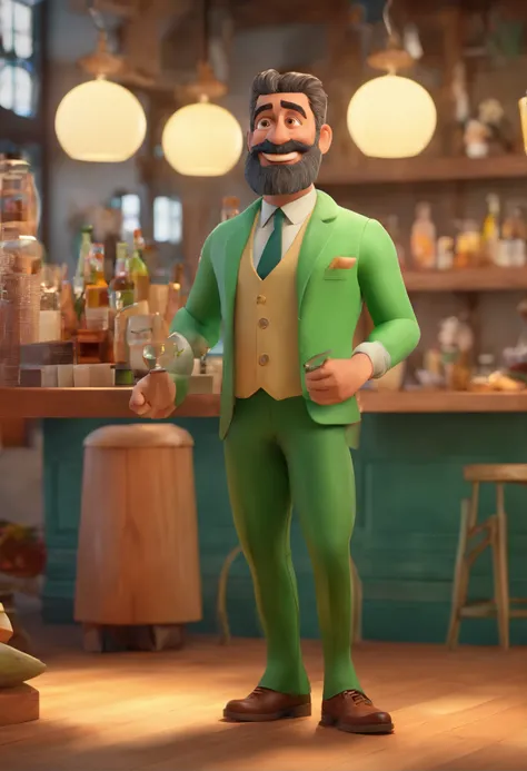 Estilo Pixar: homem forte branco de olhos verdes careca 40 anos com barba curta no queixo , estilo barman