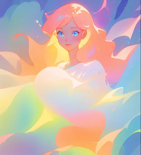 beautiful girl in flowing white dress, vibrant pastel colors, (colorful), magical lights, long flowing colorful peach hair, inspired by Glen Keane, inspired by Lois van Baarle, disney art style, by Lois van Baarle, glowing aura around her, by Glen Keane, j...