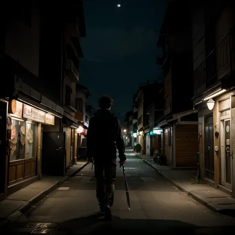 A guy walking towards the camera with two knives to his sides at night in a anime art style