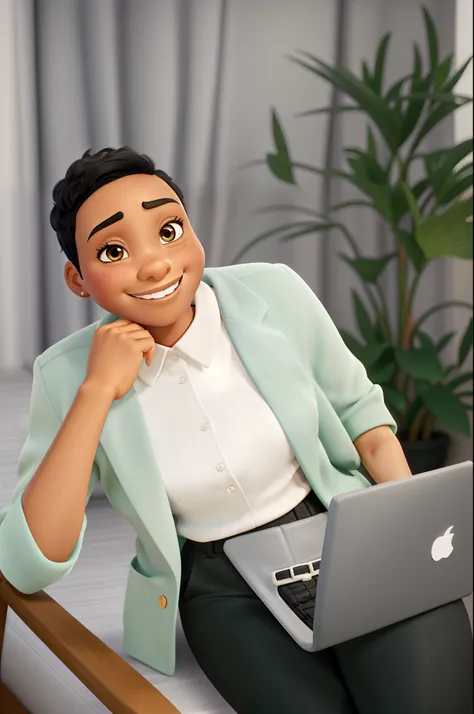 black woman with short hair, light black skin, wide smile, slanted dark eyes, medium nose, Pixar Disney style, high quality, high resolution