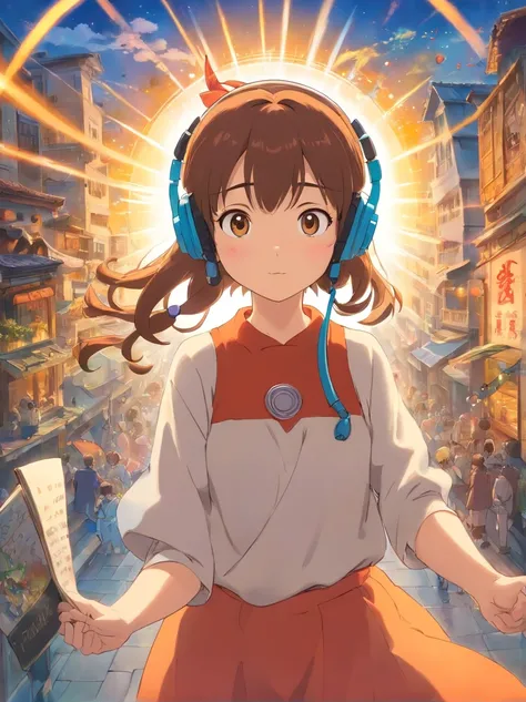 In the center of the picture is a shrewd girl，Listen through headphones, Surrounded by sporadic musical noise. A halo appeared on one of her hands, Suggests that she has some information that no one else knows.