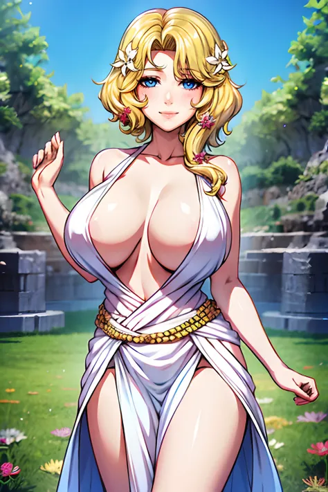 cute smile, big breasts, Blonde hair,  aphrodite, vestido blanco