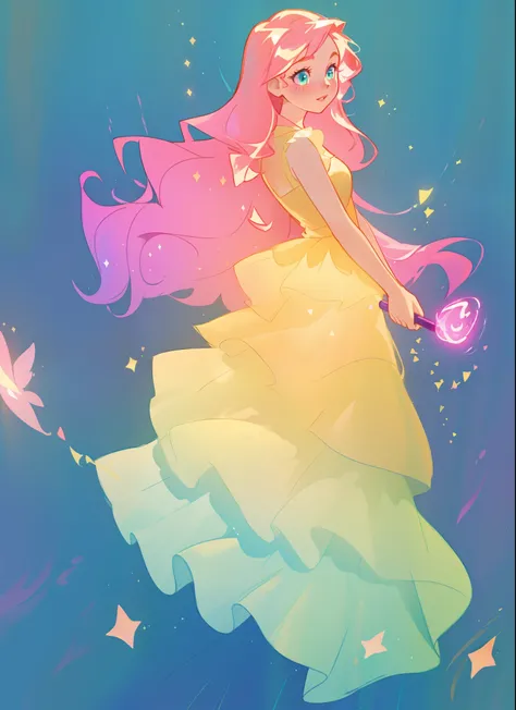 ((beautiful girl in flowing gradient layered ballgown)), flowing pink hair, ((sparkling gold aqua blue gradient dress)), ((multi-layered tiered ballgown dress)), whimsical fantasia and flowers background, vibrant pastel colors, (colorful), magical lights, ...