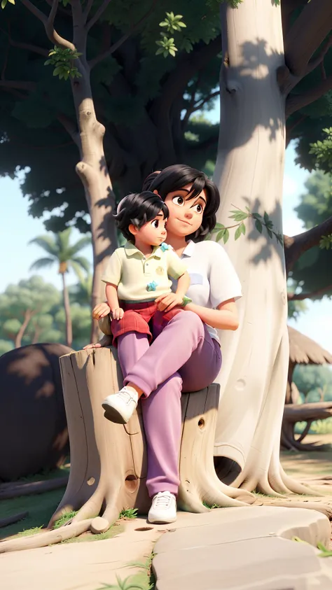 Uma mulher de 20 anos ,cabelos pretos ,She is sitting on a tree trunk with her 1-year-old son with short black hair sitting on      
 your lap, posando para uma foto ,melhor imagem ,imagem em 4k