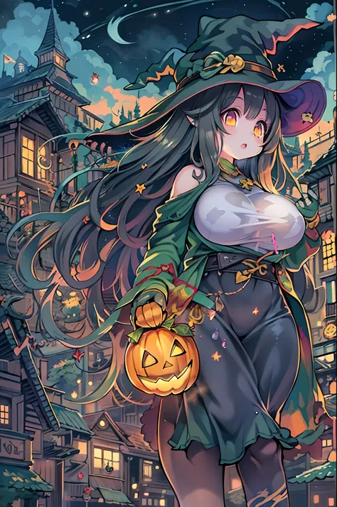 masutepiece, Best Quality, Charming Halloween 8 year old witch, Random coloring,2D, planar vector, T-shirt design, Colorful splashes, Fantasy Art, Watercolor effect,Digital Painting, white bg, 8K、night cityscape,bbw,Anime style