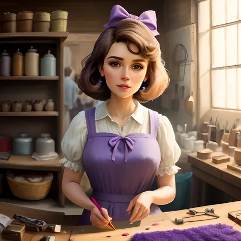 Garota de pele clara, com cabelo curto castanho, wearing a lilac bow in her hair, Working as an artisan,  Making Hair Bows, com um fundo colorido, estilo de arte pixar