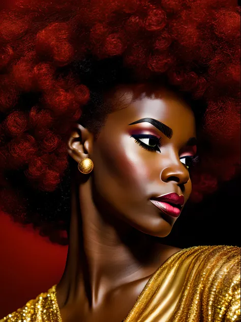 Hypnotic closeup face portrait of a beautiful afro-american woman, in the style of noir comic art avantgarde fashion, scarlet and gold, airbrush art, clean lines, pure forms, side angle