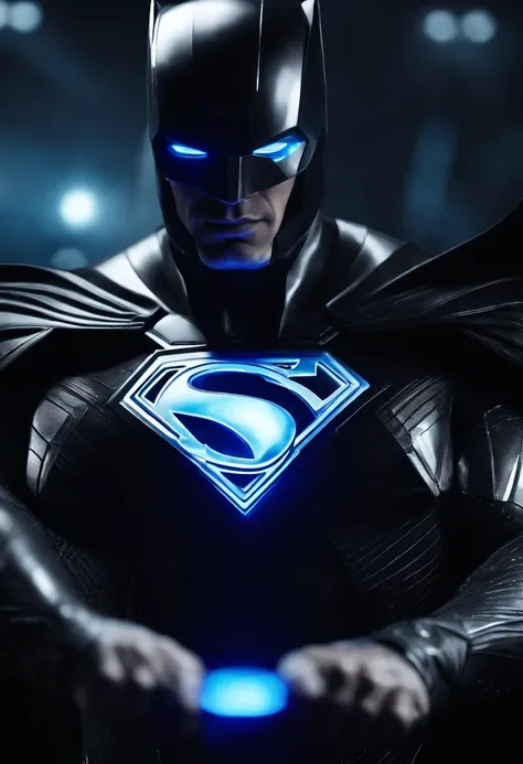 Tron Combined with Superman, tron legacy, battle pose, crystal clear image, intricate details, close up, battle scars, black and Blue themed, simulation world, glowing War Hammer, black Cape, intimidating pose