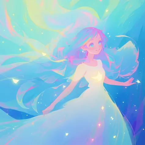 beautiful anime girl in colorful liquid dress, sparkling, aqua mint blue and purple colors, vibrant pastel colors, (colorful), magical lights, sparkling lines of light, inspired by Glen Keane, inspired by Lois van Baarle, disney art style, by Lois van Baar...