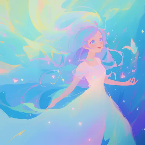 beautiful anime girl in colorful liquid dress, sparkling, aqua mint blue and purple colors, vibrant pastel colors, (colorful), magical lights, sparkling lines of light, inspired by Glen Keane, inspired by Lois van Baarle, disney art style, by Lois van Baar...