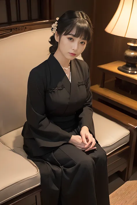 ((((1人の女性,The most beautiful faces in Japan,40 year old,Wearing mourning clothes,Mourning,Black Funeral Clothes,Funeral clothes,Black long skirt)))),((pearls necklace,Classy hairstyle,natural make up,large full breasts,Sexy look,Sitting in a Japanese-style...