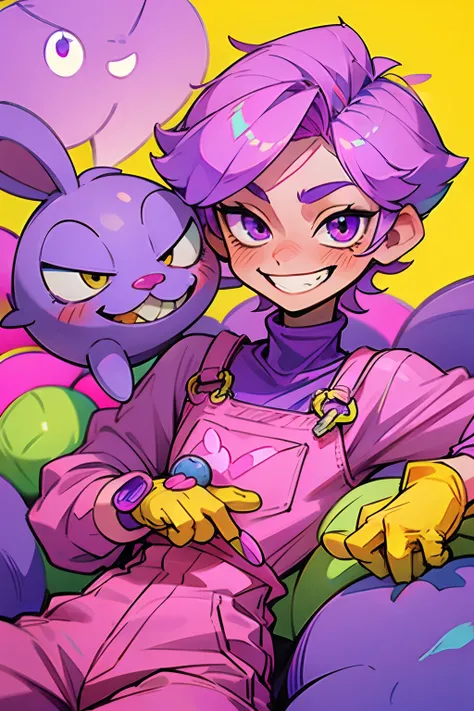 kpop boy wearing a soft purple turtle neck outfit while holding a key, with a pink fuchsia-colored overalls , yellow gloves, smile with teeth, purple rabbit ear, smirk rizz face, laying down, shy, blushing