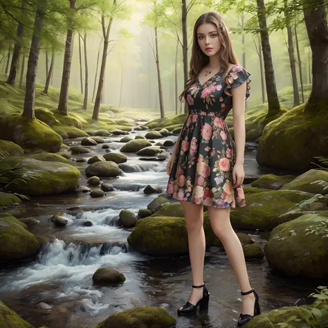 a full body portrait of a Russian girl in a colorful floral dress, forest scene, stream, mountain, photorealistic, realistic, 8K, UHD, intricate details, detailed face,