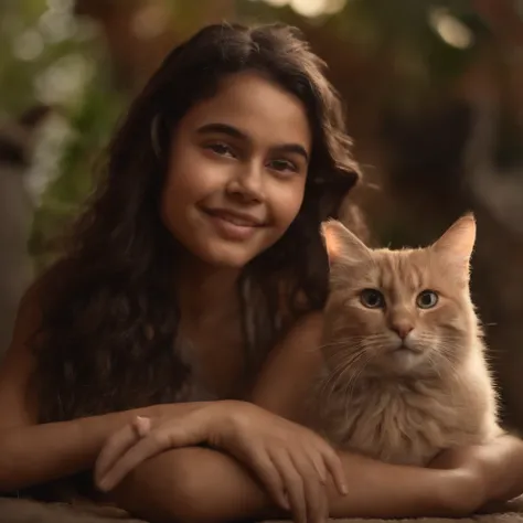 Image of a pixar-style girl, with reference to a 15-year-old Brazilian girl with light brown skin, she has long wavy hair and bangs, she is smiling, her hair and eyes are brown, she is with her faithful friend Mago, a black cat and Witch a white cat lying ...