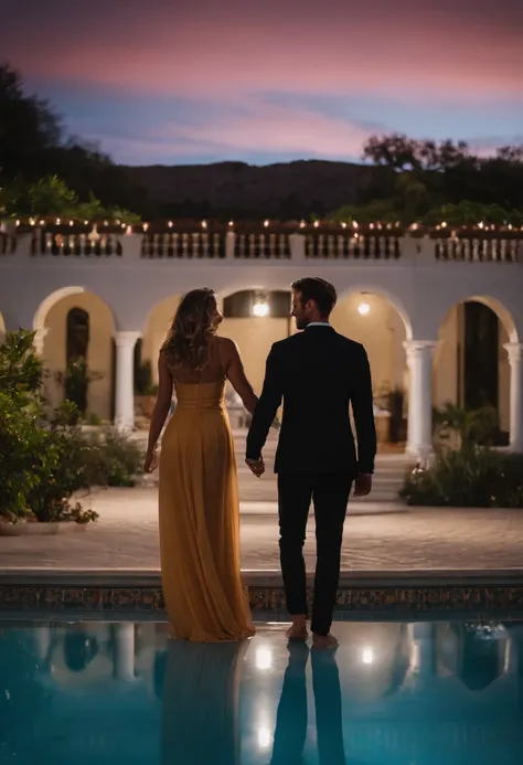 There are two people next to each other in front of a pool, In the background, photo taken at night, divertindo-se, Flores no fundo, Directed by: Meredith Dillman, background is celestial, Lovely couple, Directed by: Carla Wyzgala, 🤬 🤮 💕 🎀, suave em segund...