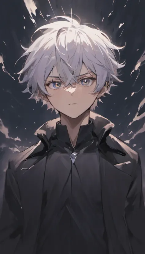 a white-haired, black-eyed man in a black jacket, surrounded in a billowing black aura, black aura behind him, detailed digital anime art, engulfed by darkness, anti-spell magic, handsome guy in black clover art, short hair, by Yang J, completely composed ...