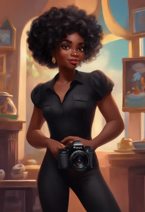 personagem da disney pixar, Wavy haired black girl in black outfit holding a camera