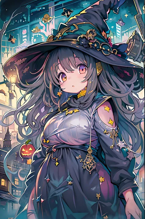 masutepiece, Best Quality, Charming Halloween 8 year old witch, Random coloring,2D, planar vector, T-shirt design, Colorful splashes, Fantasy Art, Watercolor effect,Digital Painting, white bg, 8K、night cityscape,bbw,Anime style、huge-breasted