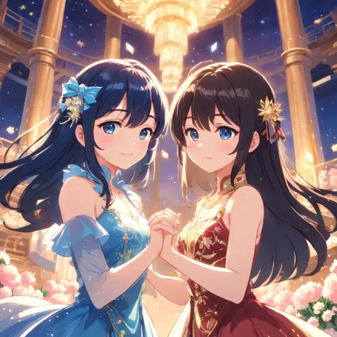 Two young and cute、Black-haired Japan woman facing each other、Holding hands with their foreheads pressed together、dramatic compositions, Dress in court style, royal, Gorgeous, Cascade frills, frilld, the bow, crystal chandeliers, Roman curly hairstyle, Bon...