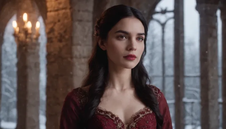 at night, young noble woman with black hair and brown eyes stands on a snowy castle balcony, night, wearing crimson gown, midnight, eerie, snow storm, gothic, cinematic, cinematic scene from film, 8k