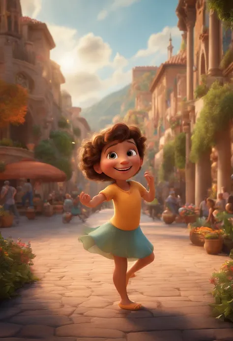 "(best quality,ultra-detalhado,Realistic:1.37),3D rendering,illustration,design de personagens,cabelos longos e cacheados escuros,belos olhos detalhados, Holding a camera ,Estilo Pixar,morena mulher,Dancing on the Disney stage,atmosfera animada,vivid color...