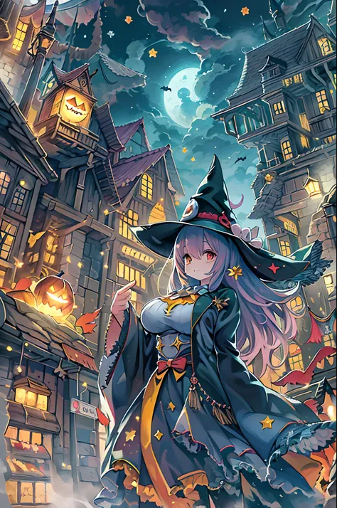 masutepiece, Best Quality, Charming Halloween Witches, Random coloring,2D, planar vector, T-shirt design, Colorful splashes, Fantasy Art, Watercolor effect,Digital Painting, white bg, 8K、night cityscape,bbw,Anime style、huge-breasted