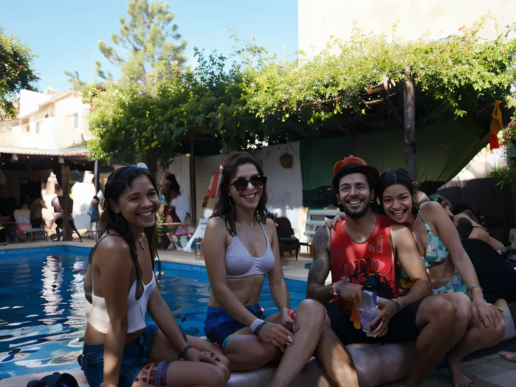 Varias personas sentadas en una repisa cerca de una piscina con un hombre con un sombrero rojo, Fiesta en la piscina, Foto tomada en 2 0 2 0, Piscina, summer swimming party, pasar un buen rato, Chicas hermosas, warm sunshine, having a great time, Muchos as...