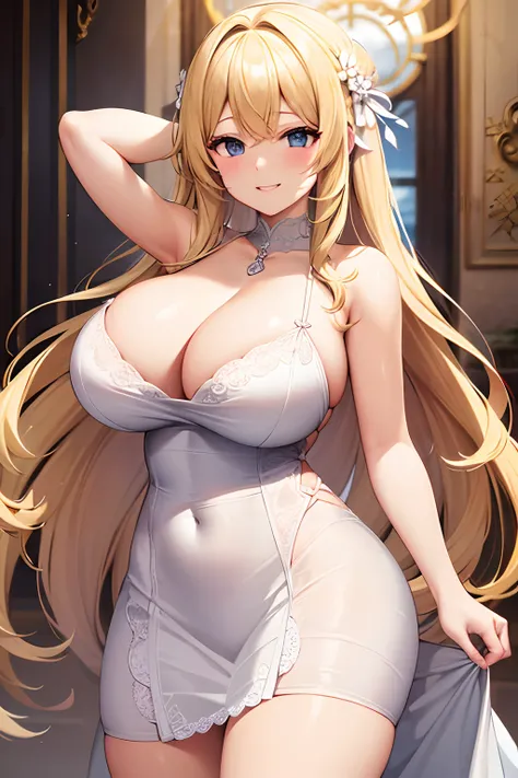 cute smile, big breasts, Blonde hair,  aphrodite, vestido blanco