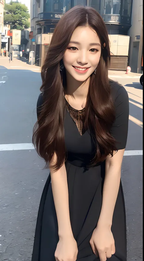 ((Best quality, 8k, Masterpiece :1.3)), 1girl, smiling, full body, slim face, Pretty woman, (Dark brown hair), full length dress :1.1, Ultra-detailed face, Detailed eyes, Double eyelid, blur background, slim face, city, outside, street,