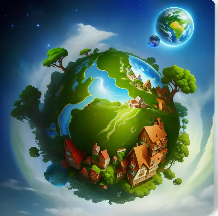 There is a picture of a small planet，There are a lot of houses and trees inside, A beautiful artwork illustration, dream scenery art, dreamworld, Dream World, Green World, enviromental portrait, hand painted cartoon art style, Fantasy world, environment co...