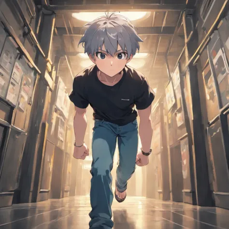 create a pixar movie movie poster of a 35 year old man with short gray hair. Wearing jeans and a black t-shirt with Cubo written on it. Hes running around a furniture factory. Use features from Pixar films