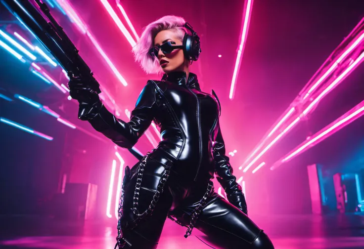 Blonde woman in latex outfit holding a gun in a dark room, beautiful cyberpunk woman model, seductive cyberpunk dark fantasy, Costume en latex brillant Cyberpunk, cyberpunk femme fatale, female cyberpunk, Cyberpunk Angry Gorgeous Goddess, Cyber Punk settin...