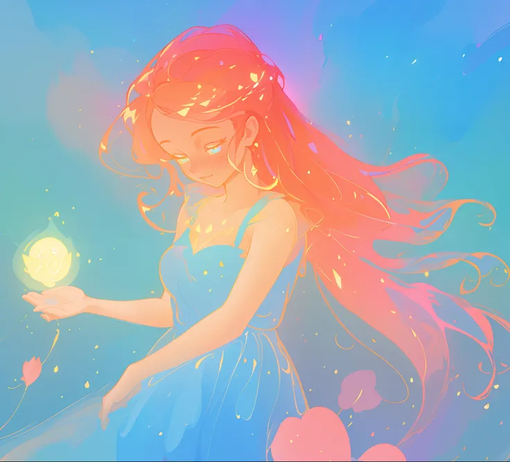 beautiful girl in blue flowing dress, ((beautiful girl holding a glowing golden fairy in her hand)), looking at the pixie in her hand, vibrant pastel colors, (colorful), magical lights, sparkling lines of light, inspired by Glen Keane, inspired by Lois van...