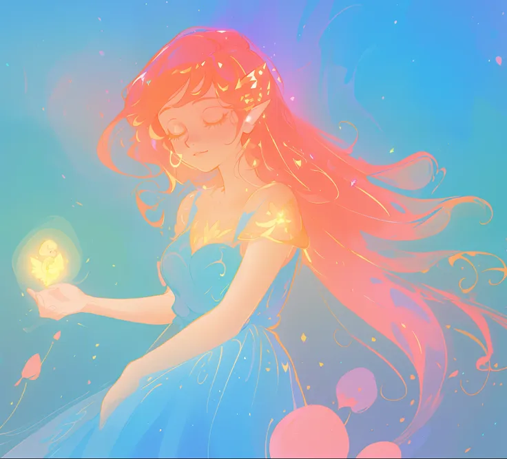 beautiful girl in blue flowing dress, ((beautiful girl holding a glowing golden fairy in her hand)), looking at the pixie in her hand, vibrant pastel colors, (colorful), magical lights, sparkling lines of light, inspired by Glen Keane, inspired by Lois van...