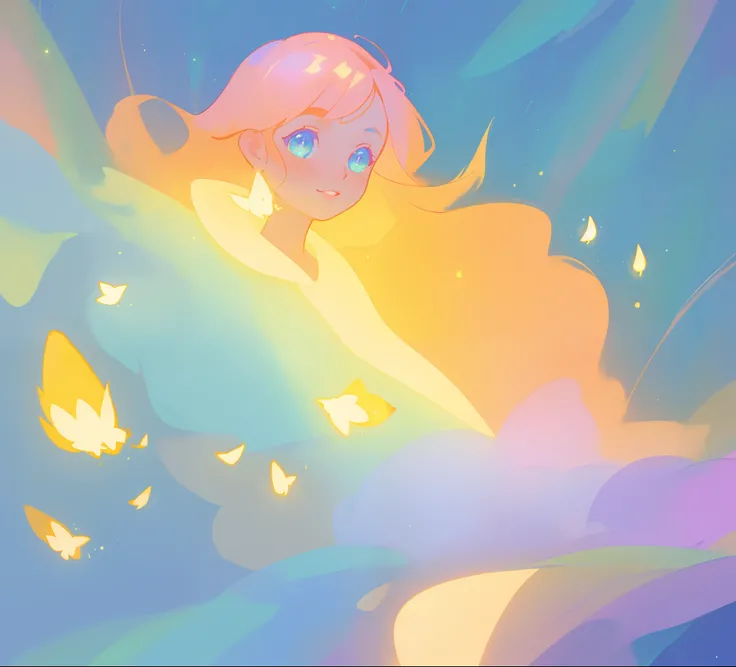 beautiful girl in blue flowing dress, ((small glowing golden fireflies)), vibrant pastel colors, (colorful), magical lights, sparkling lines of light, inspired by Glen Keane, inspired by Lois van Baarle, disney art style, by Lois van Baarle, glowing aura a...