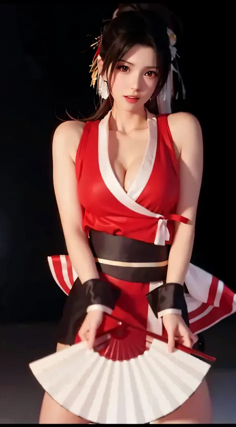 Dressed in red and white，Alafi holding a fan in his hand, mai shiranui, yoko matsugane as mai shiranui, ff Tifa, alluring tipha lockhart portrait, Tifa Lockhart, Tifa Lockhart with white hair, akali from league of legends, Irelia from League of Legends, Ch...