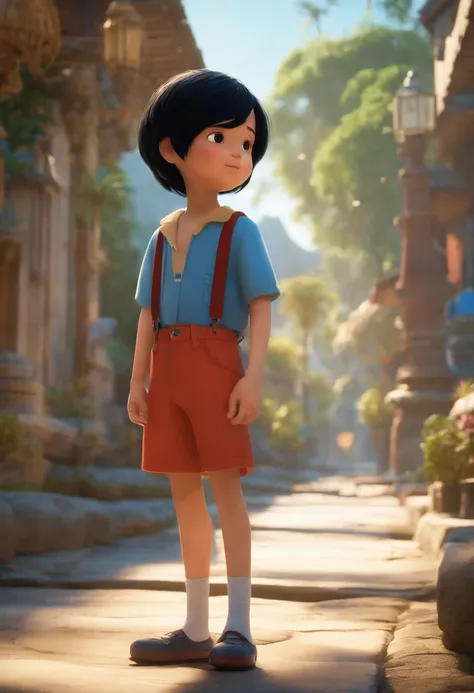 Qualidade de imagem do filme, animation, Disney, 10-year-old Japanese boy with black Bob haircut, suspenders, blue shorts, camisa tecida branca