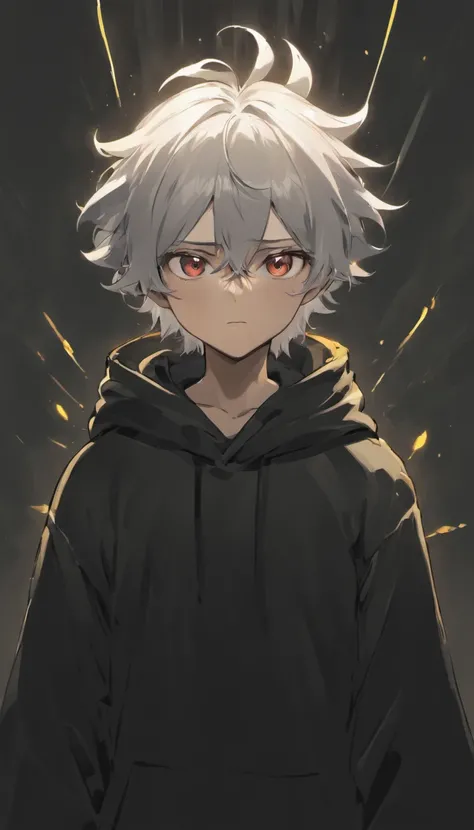 a white-haired, black-eyed man in a black hoodie, surrounded in a billowing black aura, black aura behind him, detailed digital anime art, engulfed by darkness, anti-spell magic, handsome guy in black clover art, short hair, by Yang J, completely composed ...