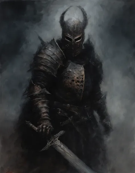 Create an impressionistic painting of a creepy warrior knight wearing a demon mask, nieve, Cosmic ash, fuego, artistic, intrincado