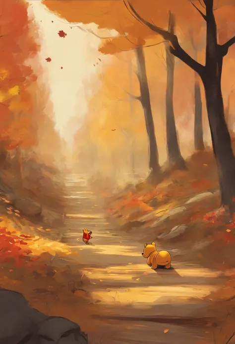 Winnie The Pooh, walking through a fall scene