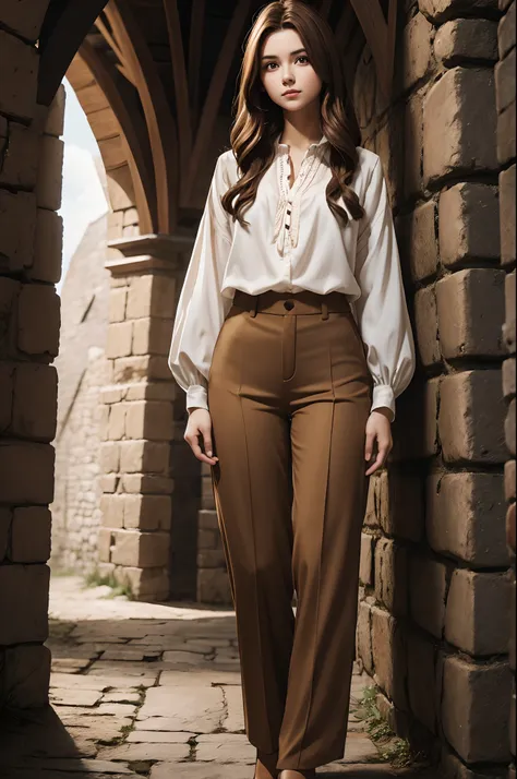 full body portrait of young woman dressed in a medieval style shirt and pants with brown hair and brown eyes