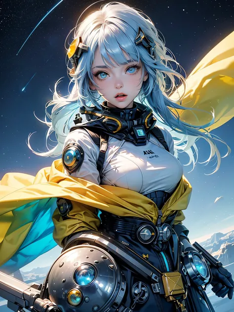 A girl in a spacesuit, with the purest beauty on her face, (((Light blue and yellow heterochromis eyes))), perfect lips and a small half-open mouth, the girl is floating in the void of stars and nebulas, attached to a cable on her waist, {extremely detaile...