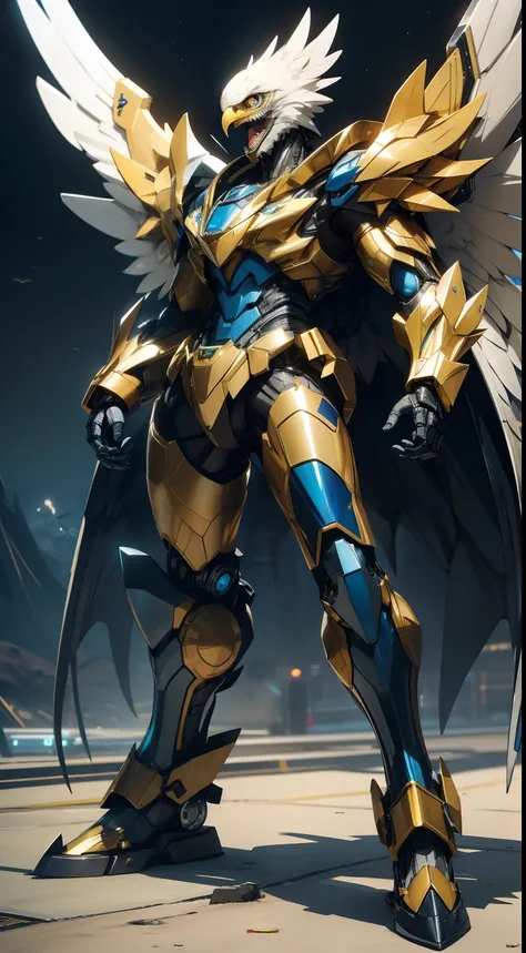 Robotic suit, Eagle shaped blue shiny eyes,suit fully made of metal, metallic eagle shaped wings, yellow colour suit, cyborg, Sharp metallic teeth mouth, standing,