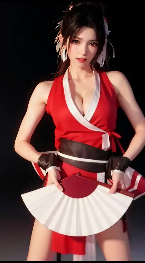 Dressed in red and white，Alafi held a fan in his hand, mai shiranui, yoko matsugane as mai shiranui, ff Tifa, alluring tipha lockhart portrait, Tifa Lockhart, Tifa Lockhart with white hair, akali from league of legends, Irelia from League of Legends, Charm...