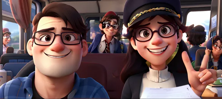 A man and a woman, they are both wearing glasses and they are both smiling, they are in a train, woman is wearing a train driver hat, woman is doing a V sign with her left hand, Disney Pixar style, high quality, best quality